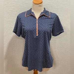 Jofit Tipped Bow Print Sport Polo with Zipper , Navy & Pink Accents size Large